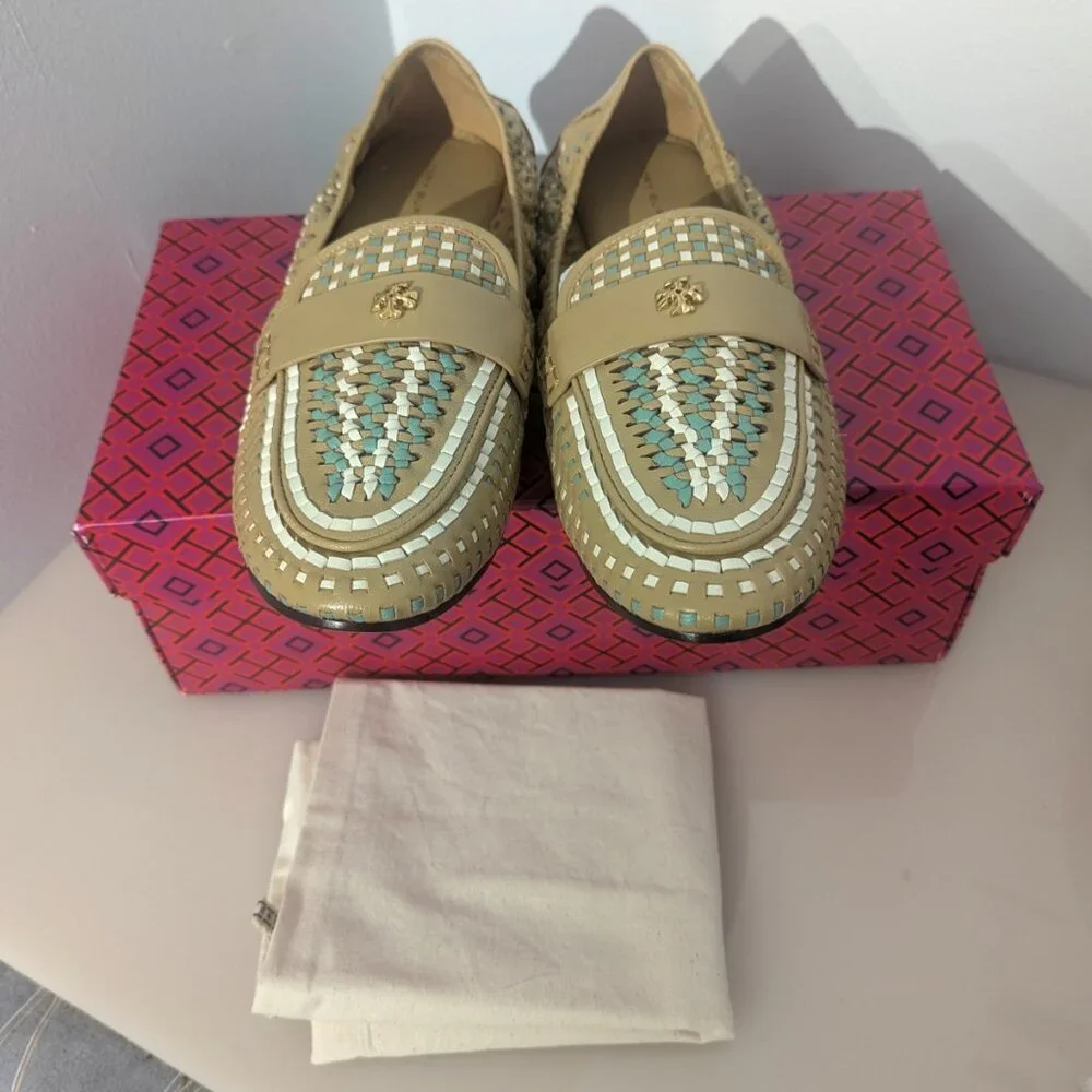Tory Burch $348 Woven Ballet Loafer Flats Tan Blue SUPER COMFY!